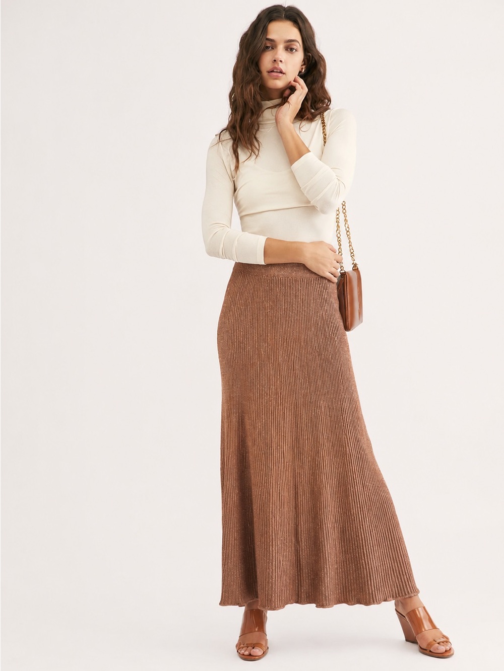 FREE PEOPLE SHINE BRIGHT COPPER BROWN KNIT MIDI MAXI SKIRT SZ L NWT